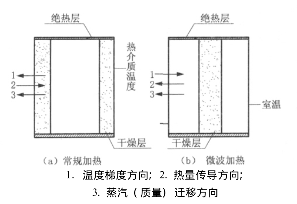 圖1 常規(guī)加熱與微波加熱機(jī)理以及熱量和質(zhì)量遷移方向模型示意圖 圖1 常規(guī)加熱與微波加熱機(jī)理以及熱量和質(zhì)量遷移方向模型示意圖
